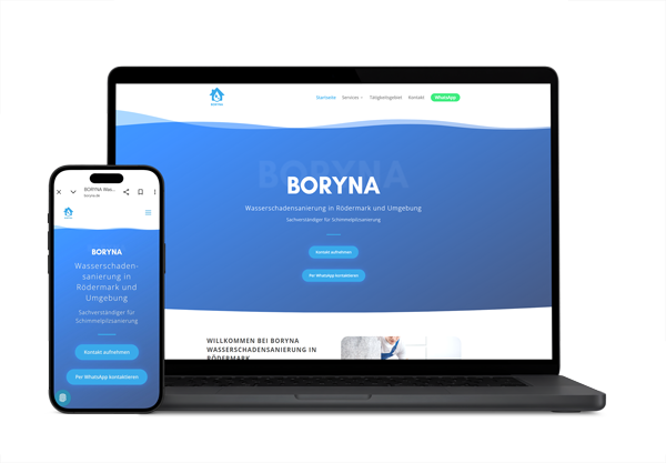 Mockup der BORYNA-Webseite für Wasserschadensanierung in Rödermark mit responsiver Darstellung auf Laptop und Smartphone.