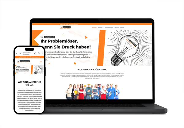 Mockup der responsiven Webseite von Druckpaten für professionelle Drucklösungen und Werbetechnik, dargestellt auf Laptop und Smartphone.