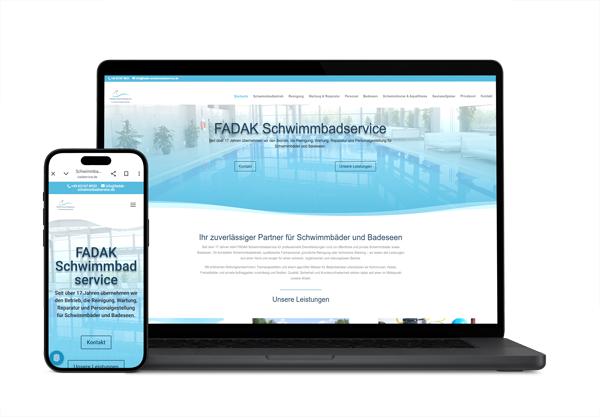 Mockup der responsiven Webseite von FADAK Schwimmbadservice für Schwimmbäder und Badeseen, dargestellt auf Laptop und Smartphone.