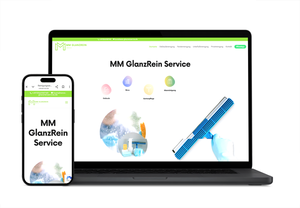 Mockup der responsiven Webseite von MM GlanzRein Service für Gebäudereinigung in Offenbach, dargestellt auf Laptop und Smartphone.