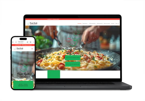 Responsives Webdesign für Posto Bello Ristorante & Pizzeria in Rödermark mit Online-Tischreservierung, Speisekarte und modernem Design, dargestellt auf Laptop und Smartphone.