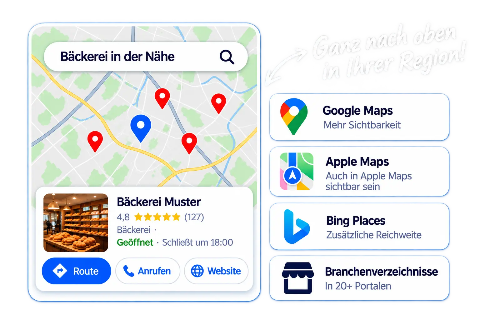Local SEO für Unternehmen mit besserer Sichtbarkeit bei Google Maps, Apple Maps, Bing Places und Branchenverzeichnissen