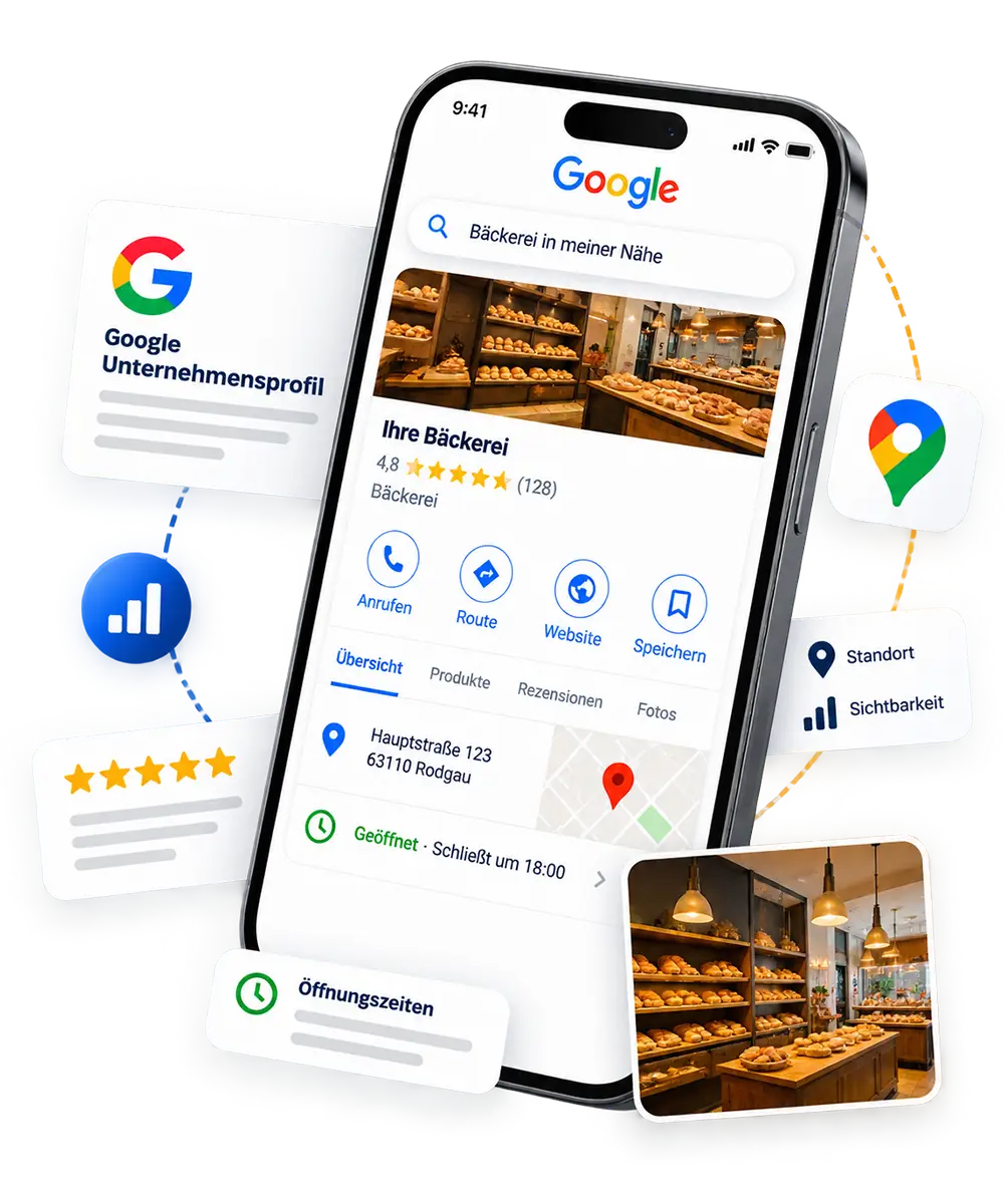 Local SEO auf dem Smartphone mit Google-Unternehmensprofil, Google Maps, Kundenbewertungen, Öffnungszeiten, Standort und lokaler Sichtbarkeit einer Bäckerei